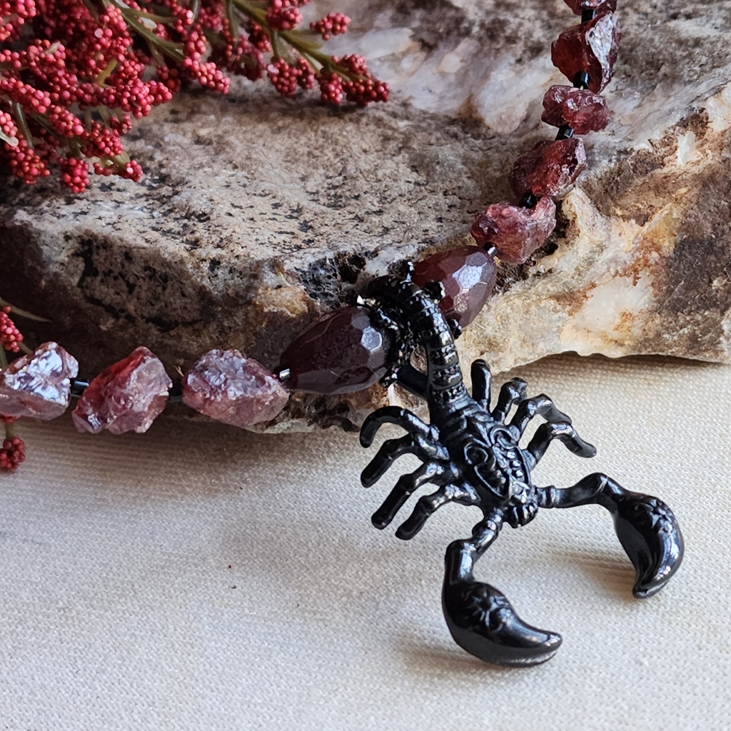 Scorpio Jewelry Large Pendant Raw Natural Garnet Crystals Black Rhodium Boho 168$